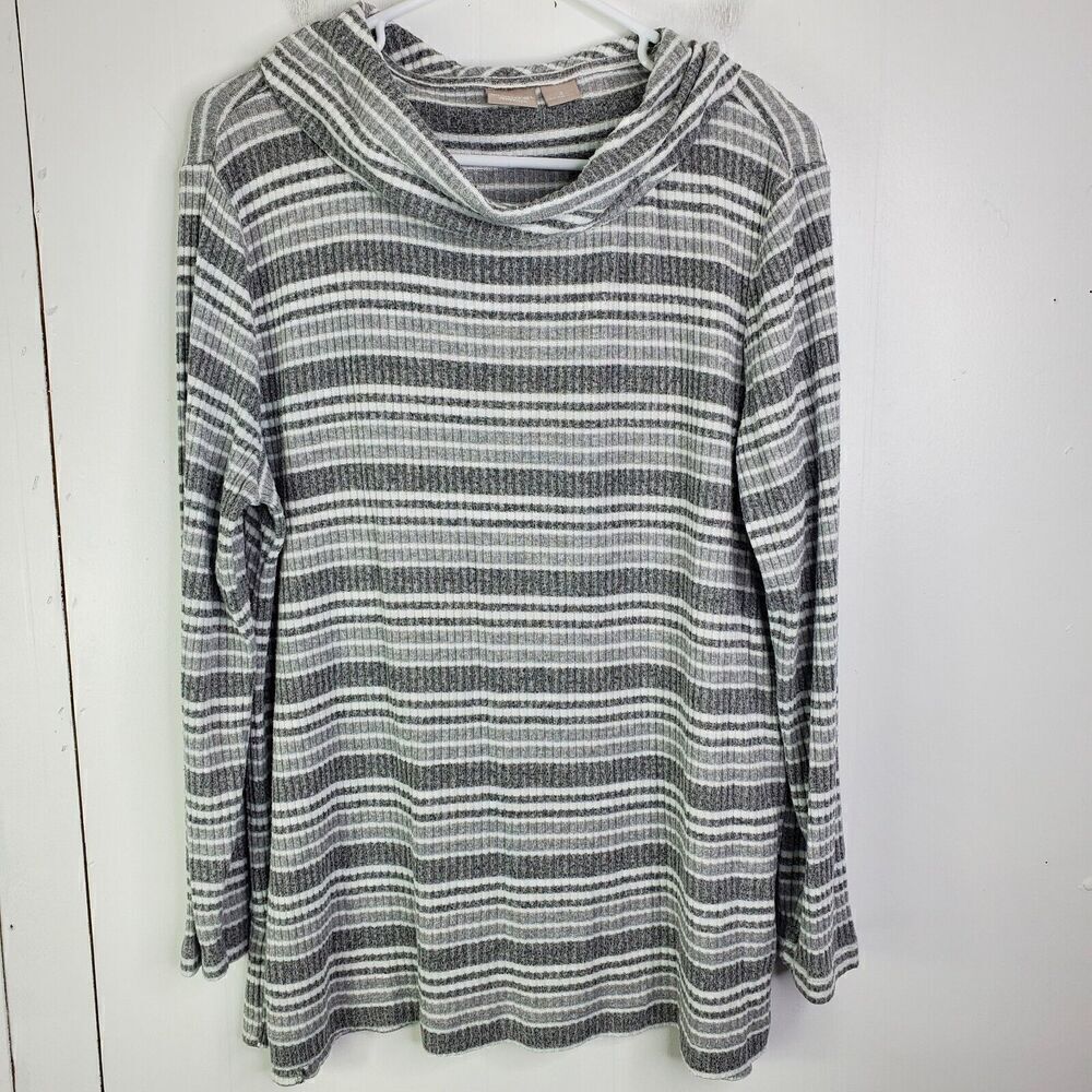 Chicos Sweater Womens L 2 Cowl Neck Ribbed Striped Gray Neutral Zenergy